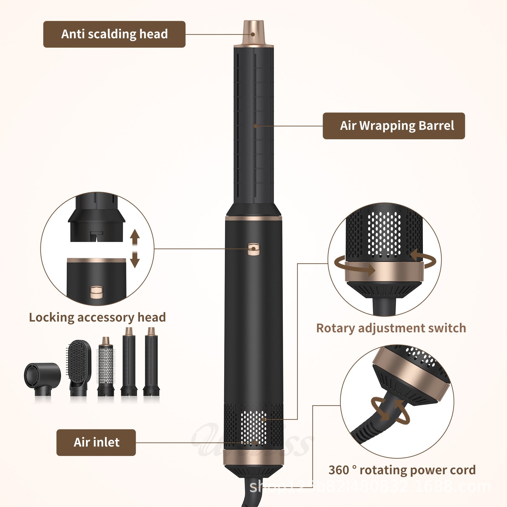 Cross-Border Hot Selling Five-In-One Hot Air Comb Automatic Curling Iron Hair Straightener Multi-Function Hair Dryer Head-Changing Wind Comb Set